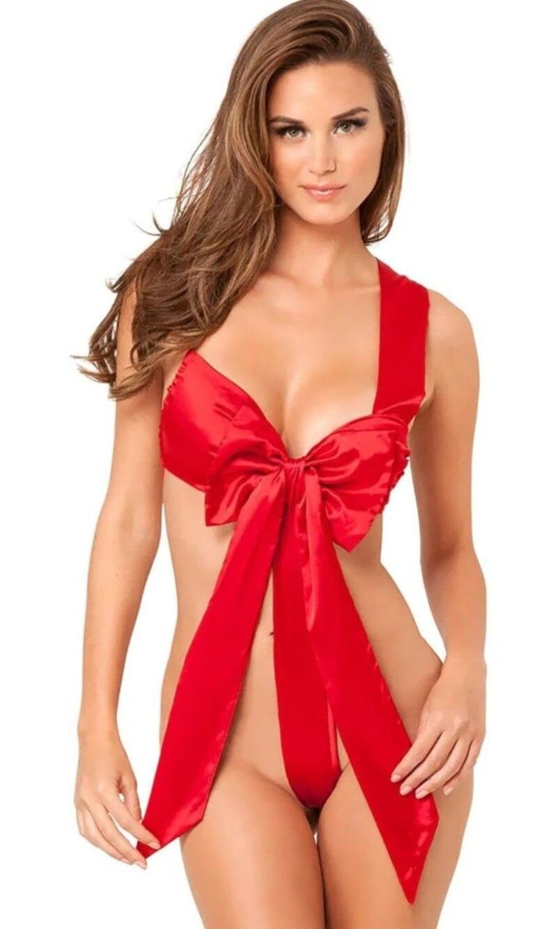 Rene Rofe Unwrap Me One Piece Satin Bow Teddy Womens S/M Red Sexy Valentines Day